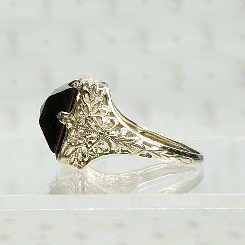 Wine Dark Garnet Ring in Art Deco Filigree, left view