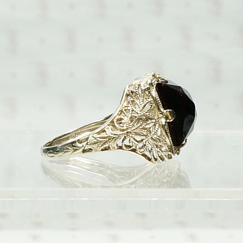 Wine Dark Garnet Ring in Art Deco Filigree, right view