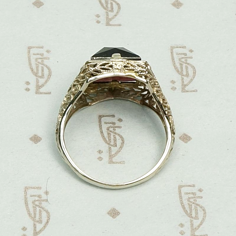 Wine Dark Garnet Ring in Art Deco Filigree, top view