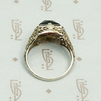 Wine Dark Garnet Ring in Art Deco Filigree, top view
