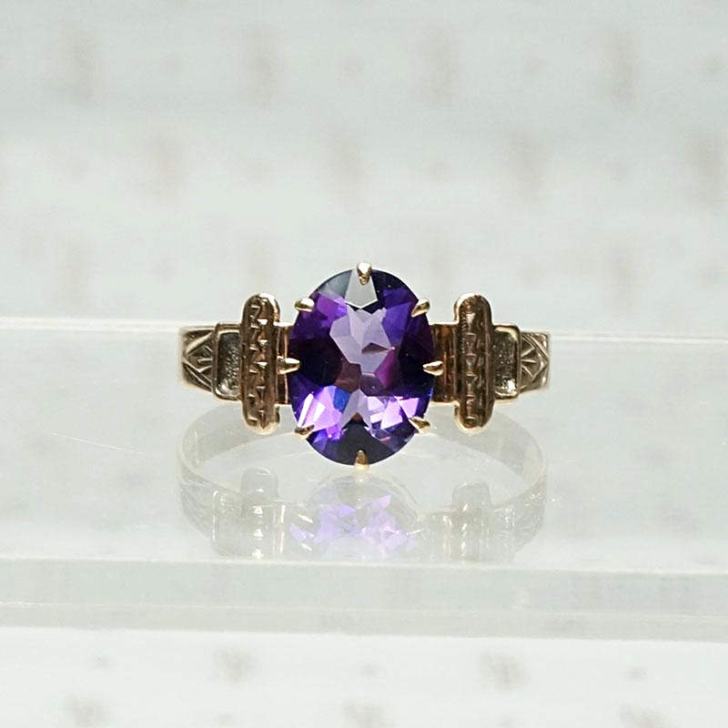 Deep Purple Amethyst in Engraved Victorian Band