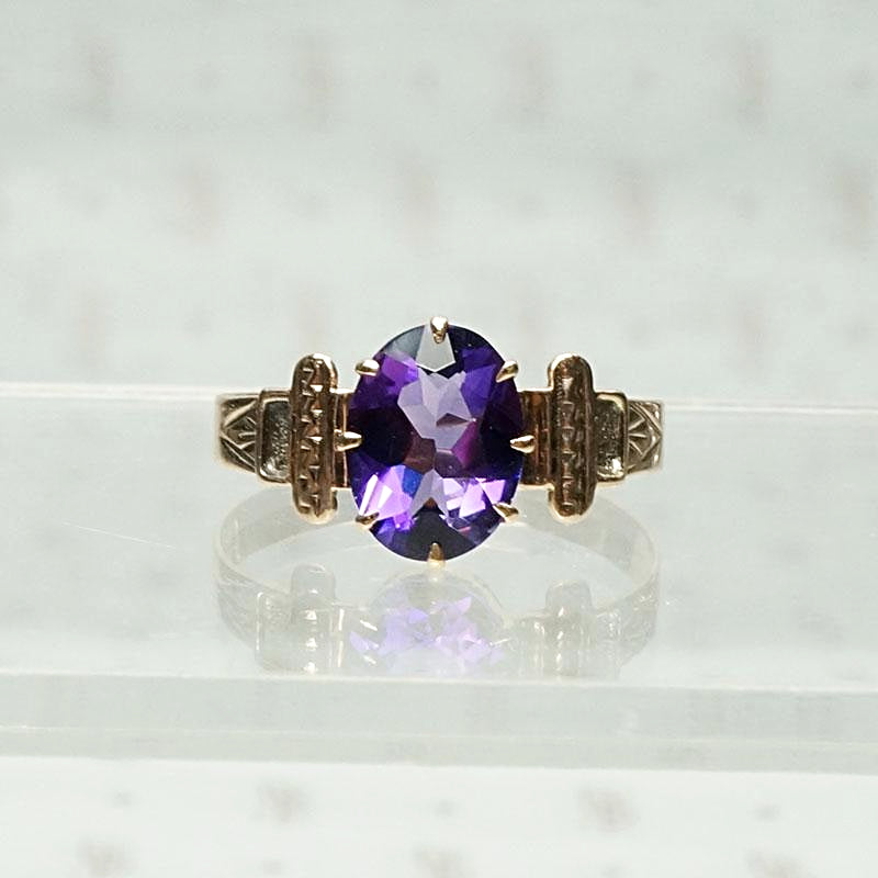 Deep Purple Amethyst in Engraved Victorian Band
