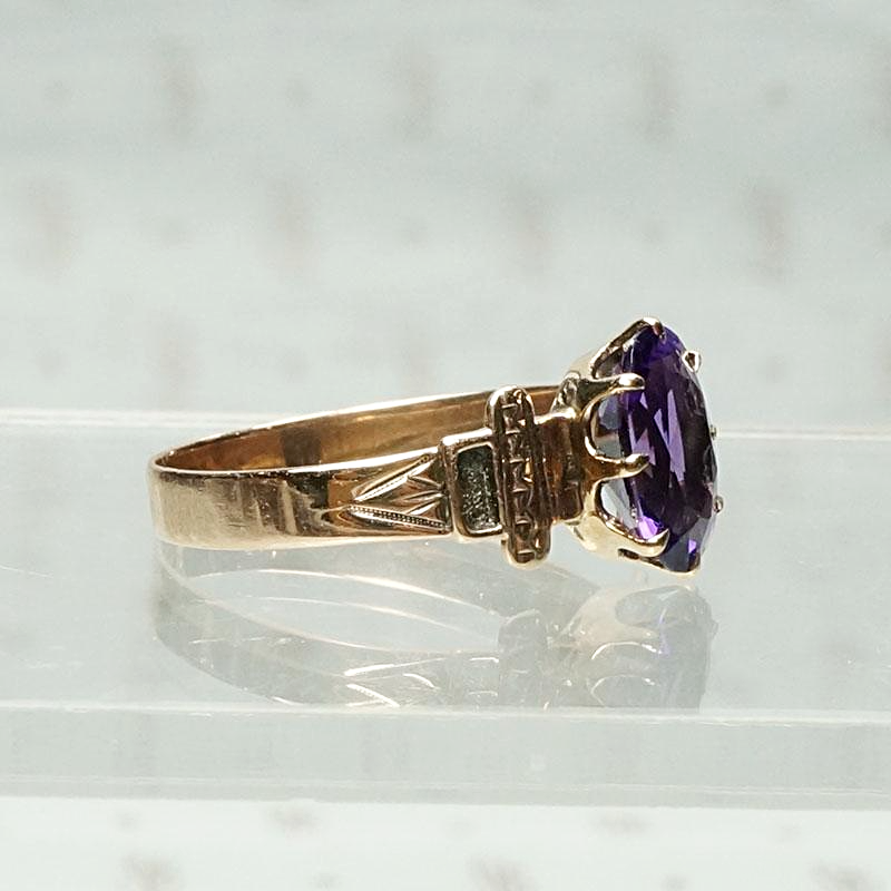 Deep Purple Amethyst in Engraved Victorian Band, side view