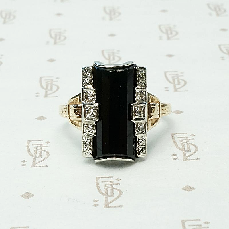 1930s Onyx Ring with Diamond Set Step Sides
