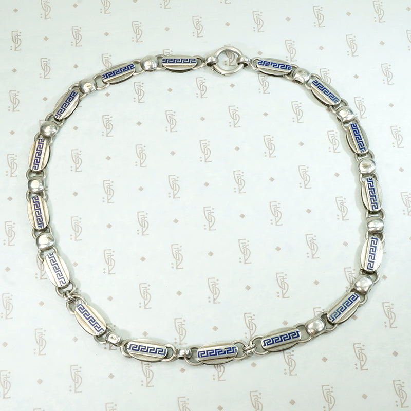 Victorian Greek Key Chain in Silver & Enamel