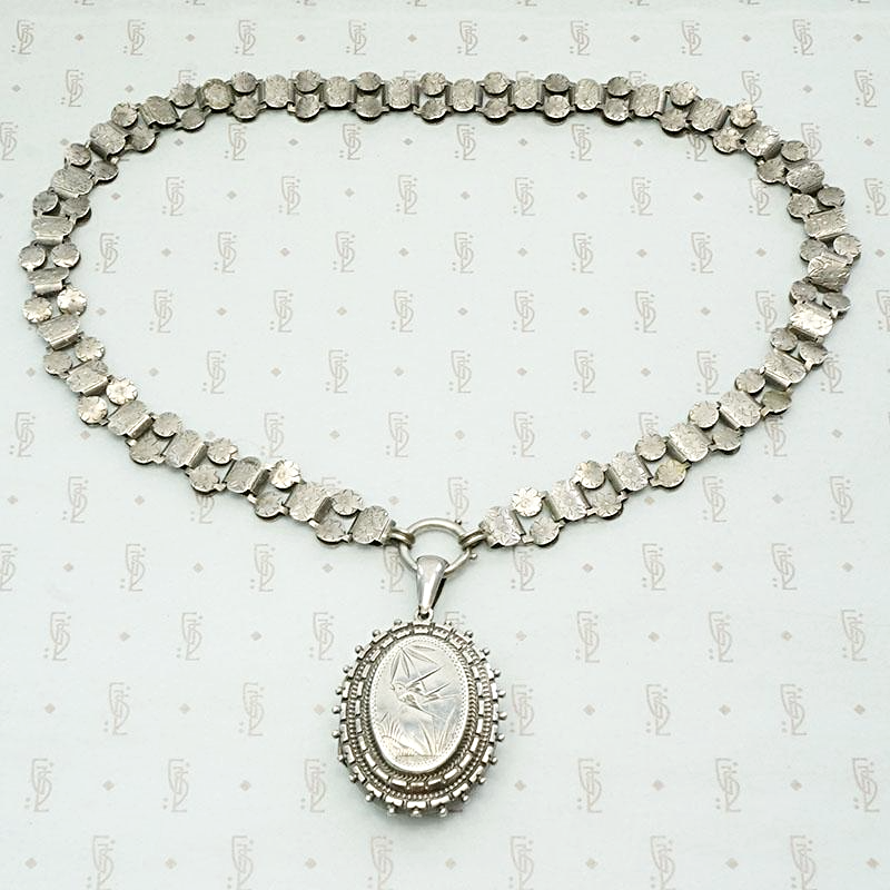 Aesthetic Movement Sterling Book Chain & Engraved Locket
