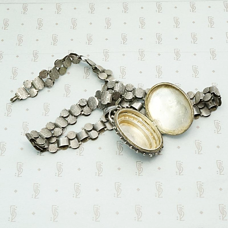 Aesthetic Movement Sterling Book Chain & Engraved Locket, interior of locket
