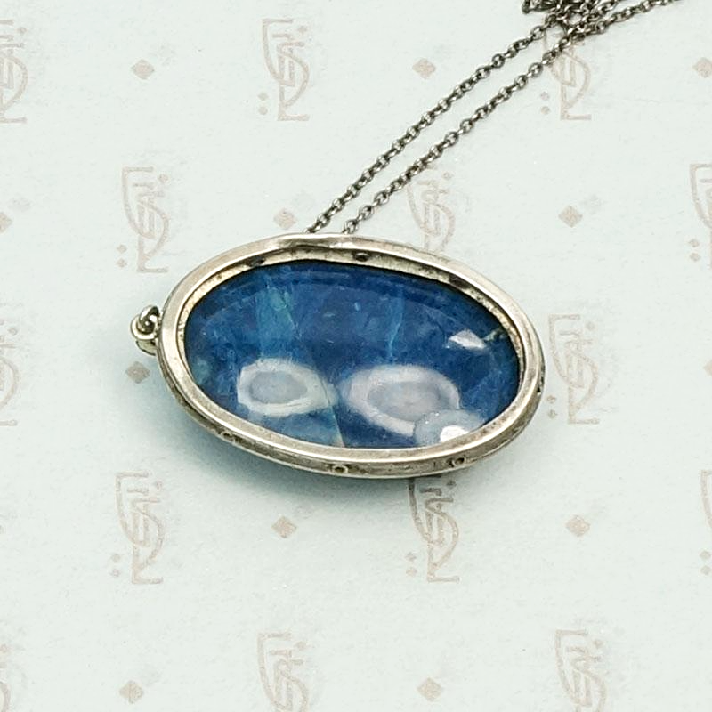 Deco Lapis & Marcasite Pendant in Sterling Silver, back detail