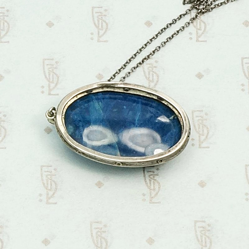 Deco Lapis & Marcasite Pendant in Sterling Silver, back detail