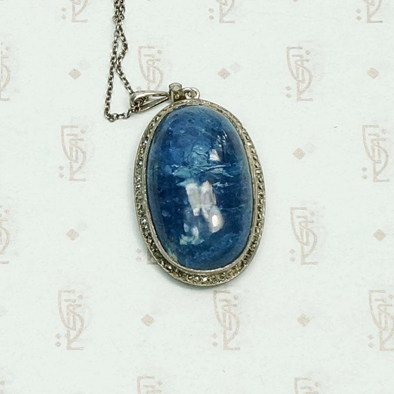 Deco Lapis & Marcasite Pendant in Sterling Silver, detail