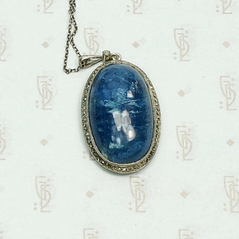 Deco Lapis & Marcasite Pendant in Sterling Silver, detail