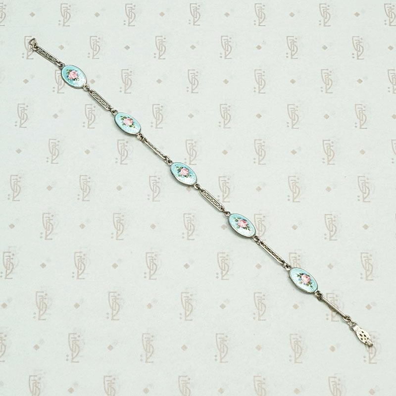 Pink and Blue Guilloché Enamel & Silver Filigree Bracelet