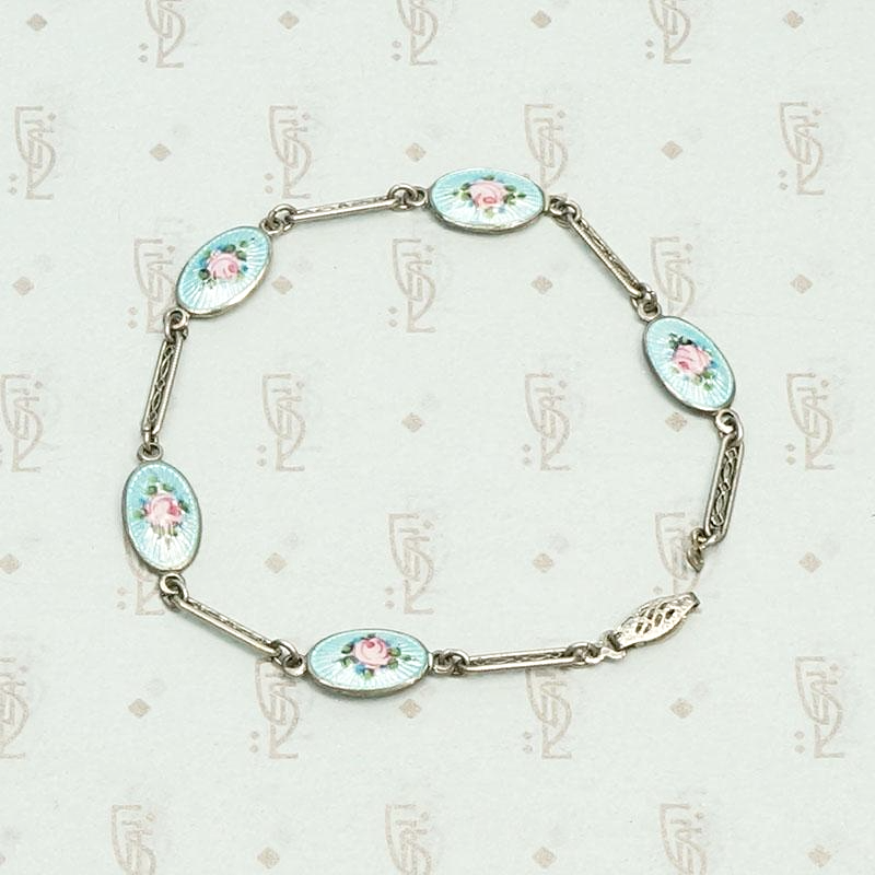 Pink and Blue Guilloché Enamel & Silver Filigree Bracelet