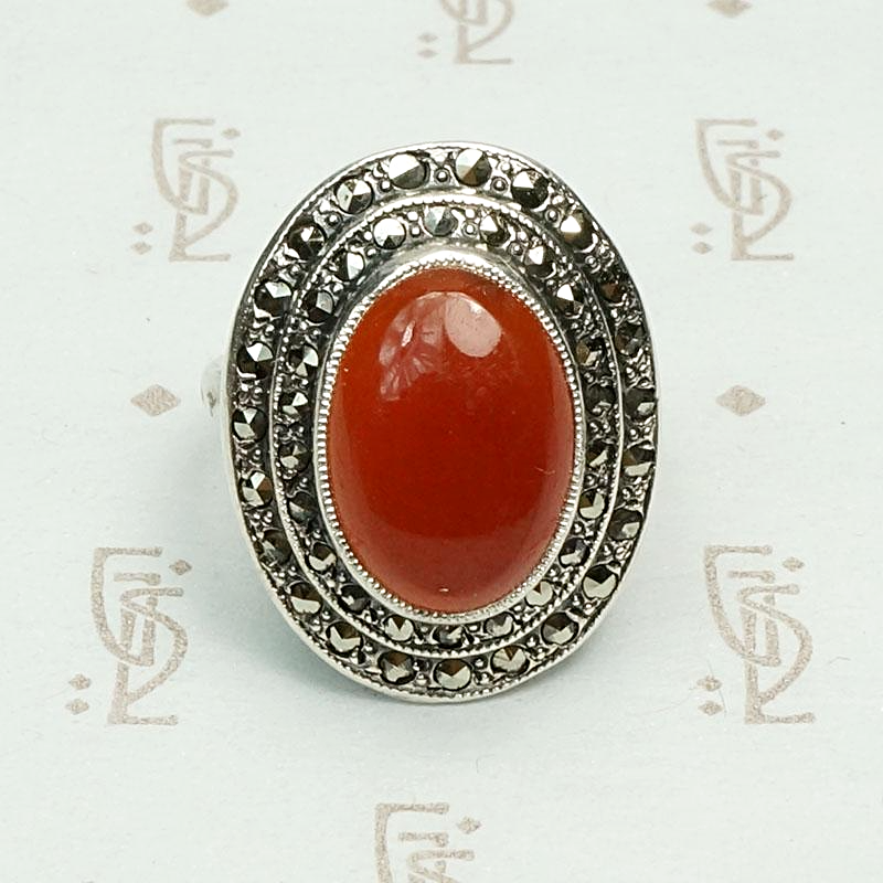 Double Halo Marcasite & Carnelian Art Deco Ring