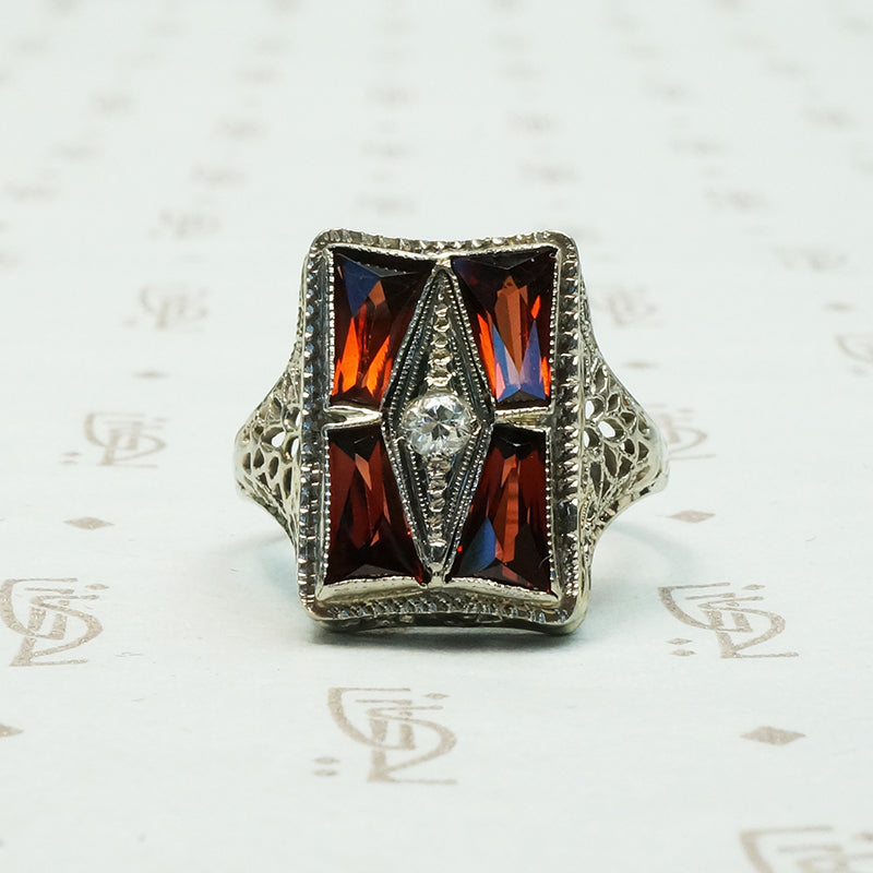 Deco Filigree Window Pane Garnet Ring