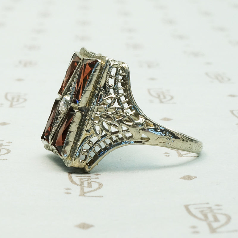 Deco Filigree Window Pane Garnet Ring