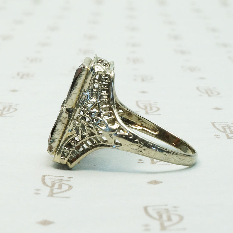Deco Filigree Window Pane Garnet Ring