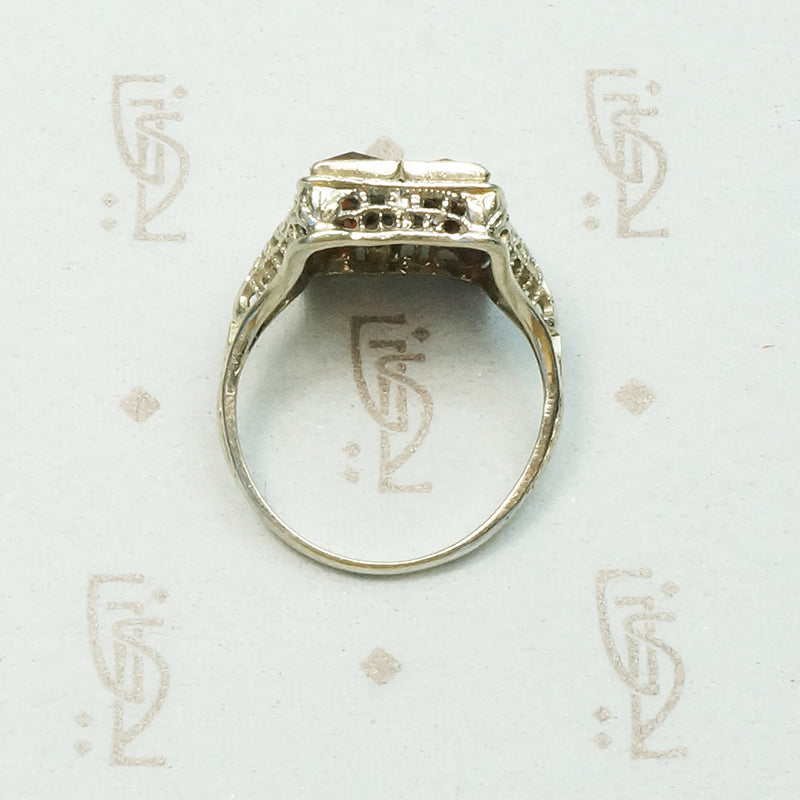 Deco Filigree Window Pane Garnet Ring