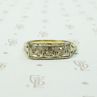 2 tone yellow and white gold filigree 3 diamond engagement ring old mine diamonds beautiful details