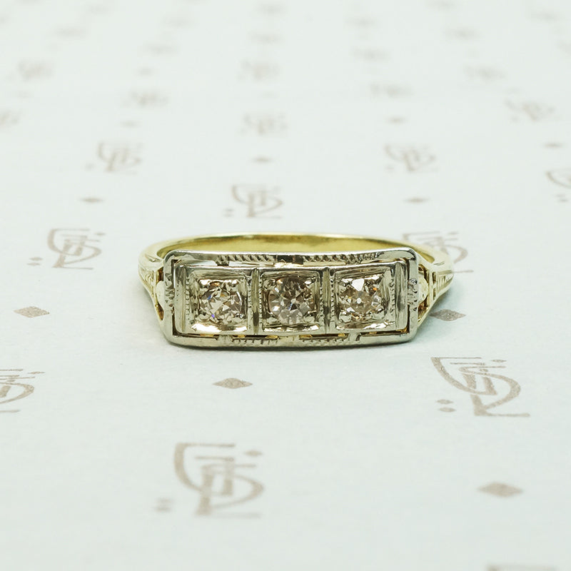 2 tone yellow and white gold filigree 3 diamond engagement ring old mine diamonds beautiful details