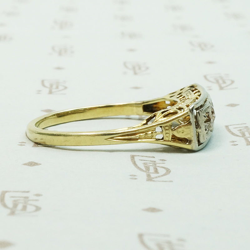2 tone yellow and white gold filigree 3 diamond engagement ring old mine diamonds beautiful details