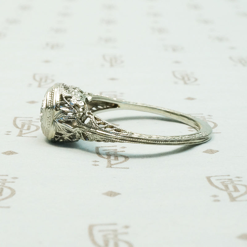 1920's White Gold Filigree Diamond Ring