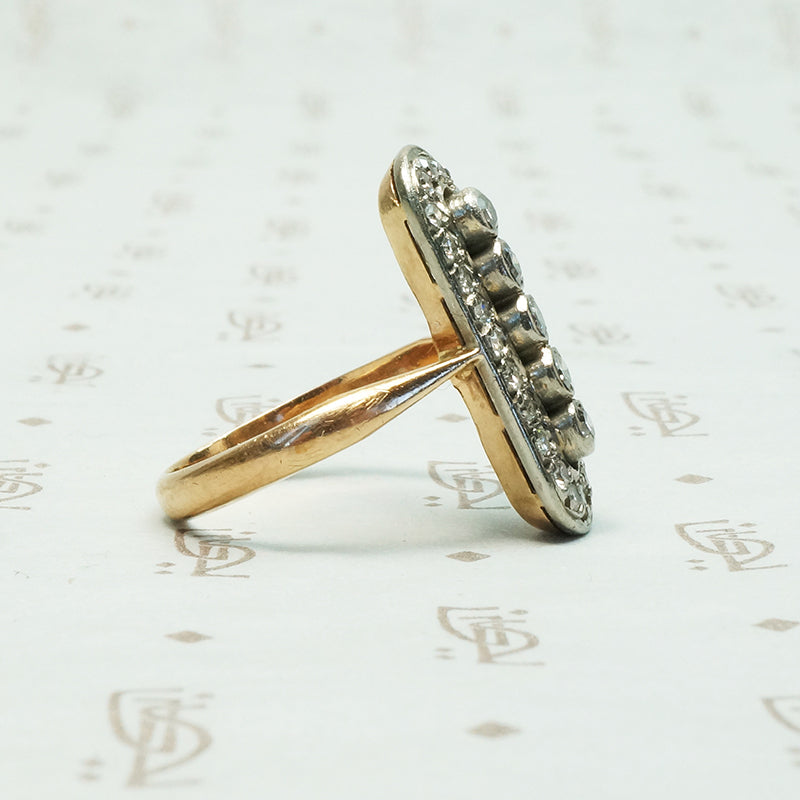 .55tcw long oval diamond panel ring platinum on 14k gold c1910