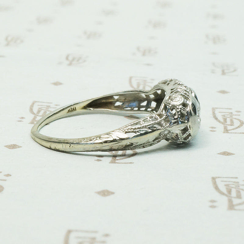 1920's White Gold Filigree Three Diamond Ring