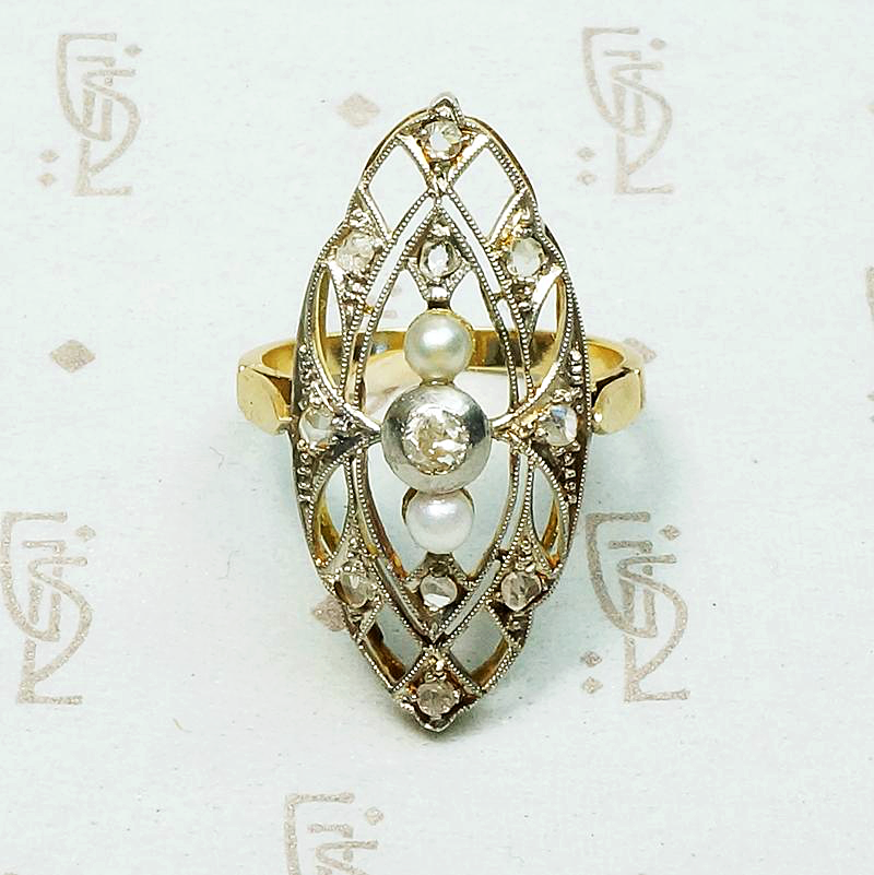 Lacy Edwardian Filigree Ring with Diamonds & Pearls