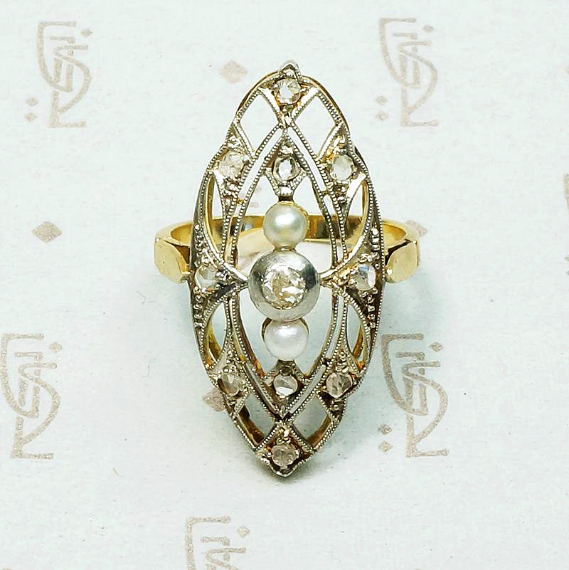 Lacy Edwardian Filigree Ring with Diamonds & Pearls