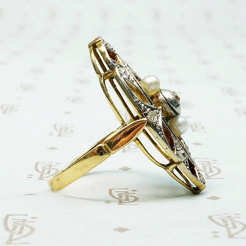 Lacy Edwardian Filigree Ring with Diamonds & Pearls