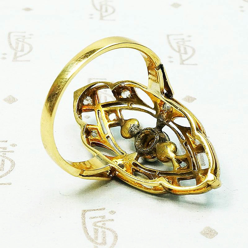 Lacy Edwardian Filigree Ring with Diamonds & Pearls