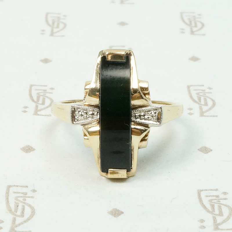 Unusual Two Tone Gold Onyx and Diamond Ring