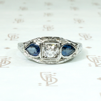 Old Euro Diamond & Pear-Cut Sapphire Dreamy Deco Ring