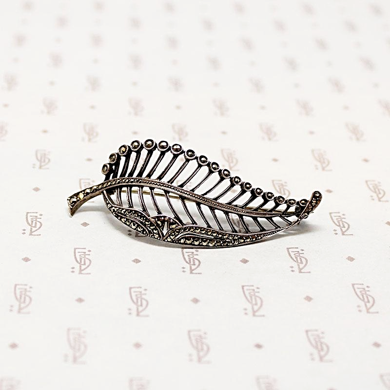 Delicate Deco Skeletal Leaf in Silver & Marcasite Brooch