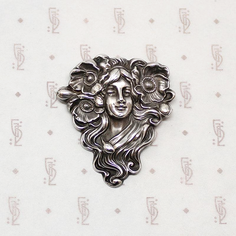 Exquisite Art Nouveau Repoussé Silver Woman & Poppy Brooch