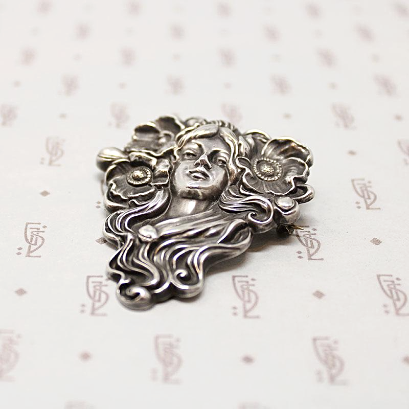 Exquisite Art Nouveau Repoussé Silver Woman & Poppy Brooch