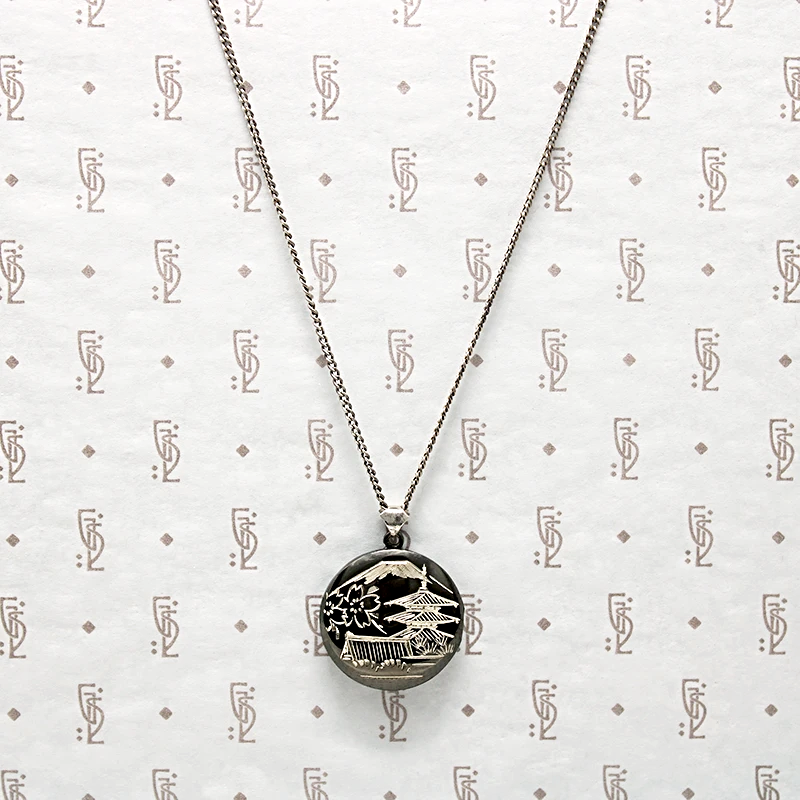 Niello Locket Engraved with View of Mount Fuji and Chureito Pagoda