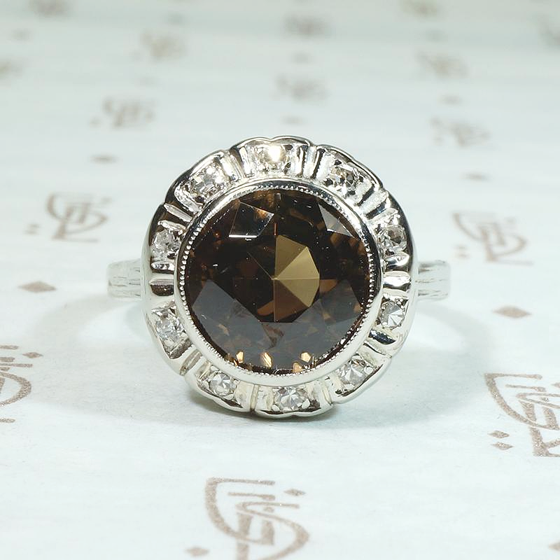 Warm Brown Zircon in Diamond Halo Ring 