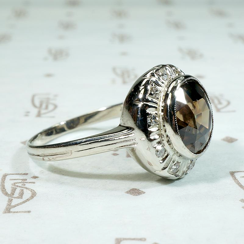 Warm Brown Zircon in Diamond Halo Ring 