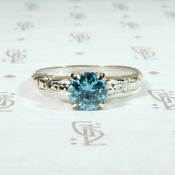 Natural Blue Zircon Solitaire with Hearts & Flowers
