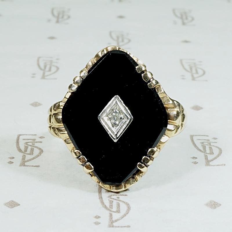 Black Onyx & Diamond 1930s Gold Ring