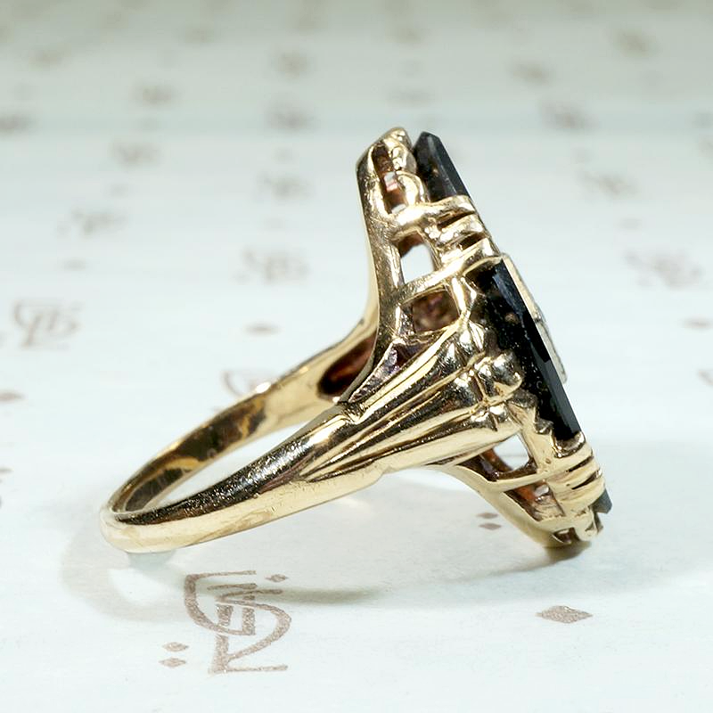 Black Onyx & Diamond 1930s Gold Ring