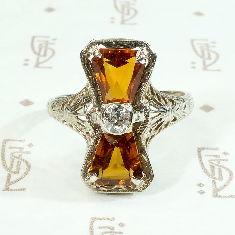 Decadent Art Deco Citrine & Diamond Filigree Ring