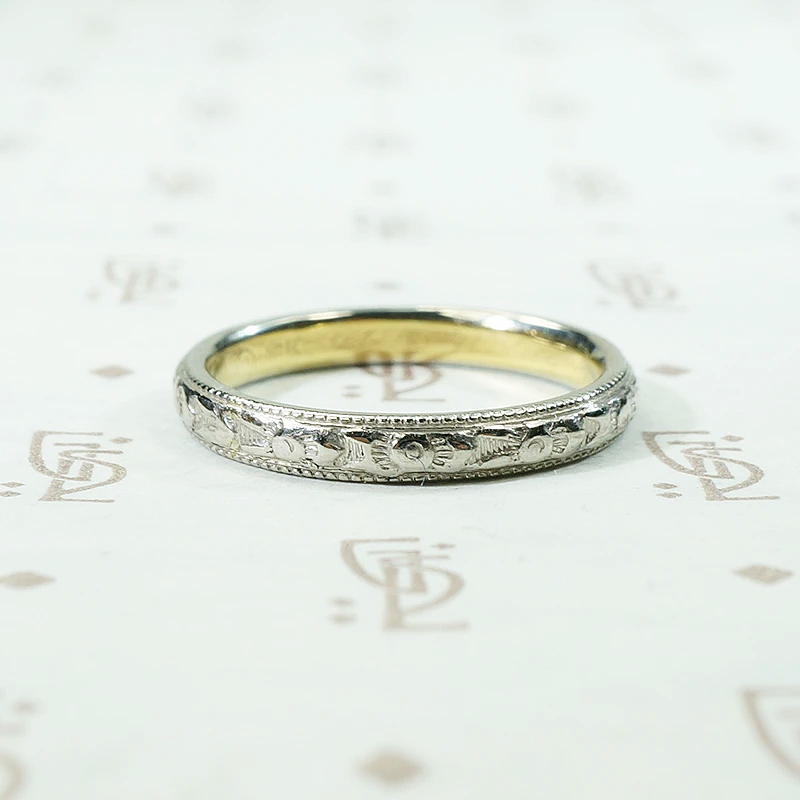 Engraved Platinum and 18k Gold Wedding Band by Traub