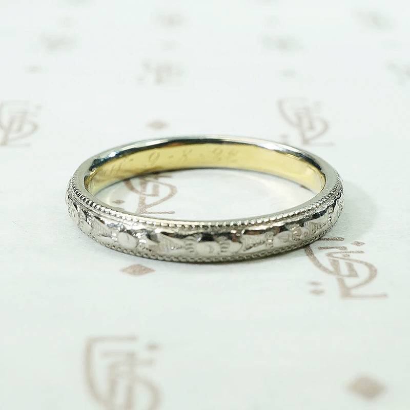 Engraved Platinum and 18k Gold Wedding Band by Traub