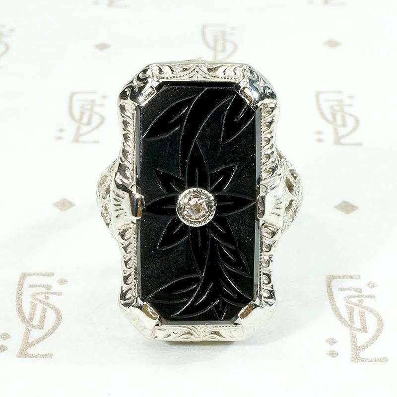 Fresh Carved Onyx & Diamond Filigree Ring