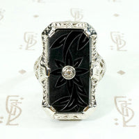 Fresh Carved Onyx & Diamond Filigree Ring