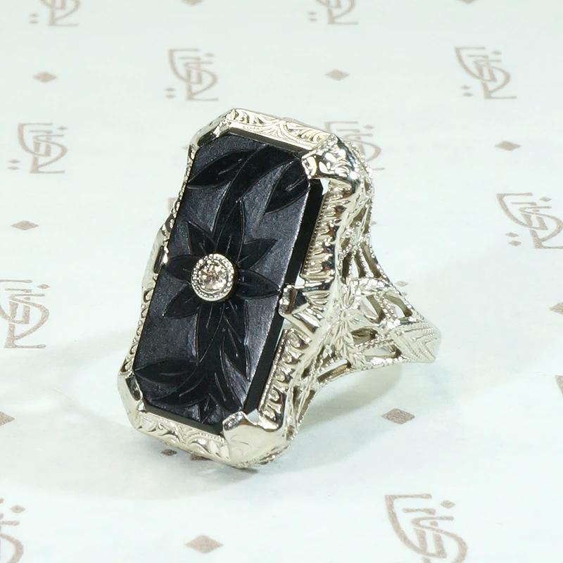Fresh Carved Onyx & Diamond Filigree Ring
