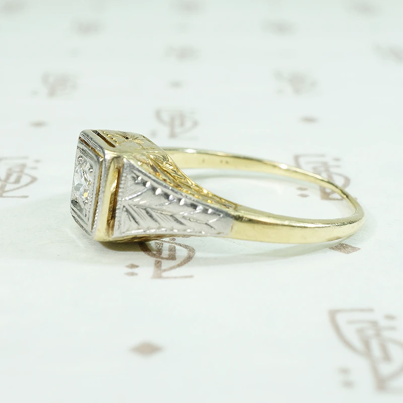 Two-Tone Diamond Ring with Neoclassical Engraving